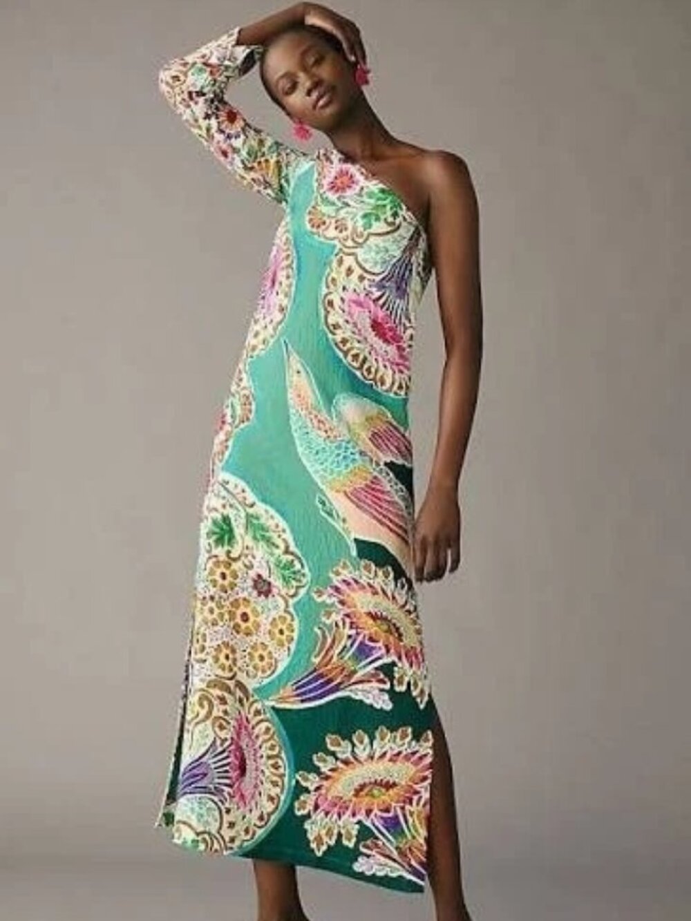 Anthropologie Floral One Shoulder MIDI Maxi Shift Dress Resortwear Sz 4 NEW Aqua